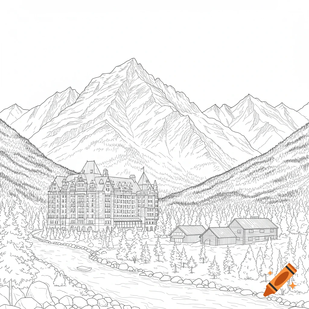 Line art drawing of a grand hotel in a mountain valley with a river and trees.