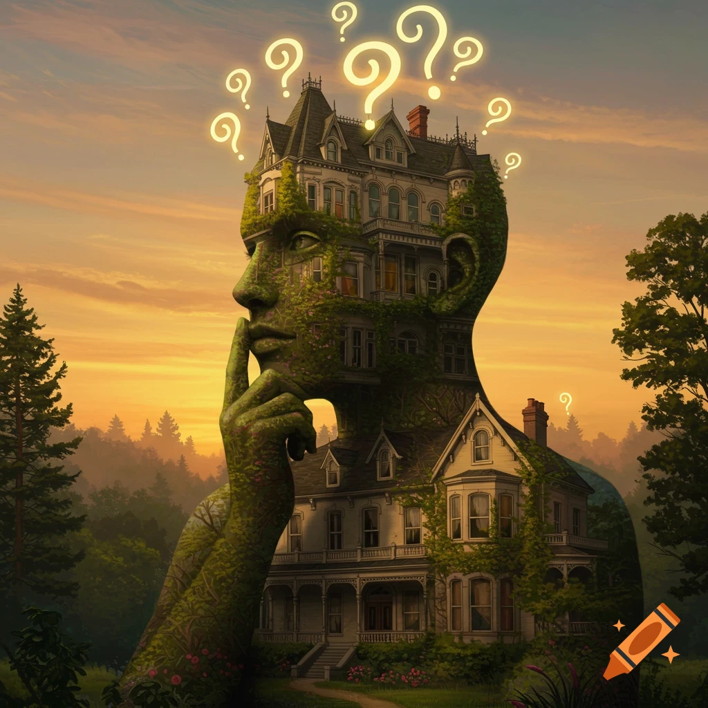 A surreal human head, made of a large elegant house covered in vines, stands in a landscape with glowing question marks above. The head is in a thinking pose.