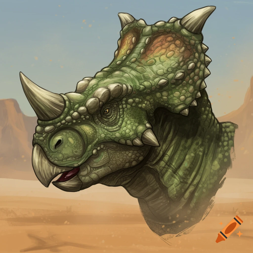 Detailed illustration of a green Pachyrhinosaurus headshot with horns and a frill, in a desert landscape.
