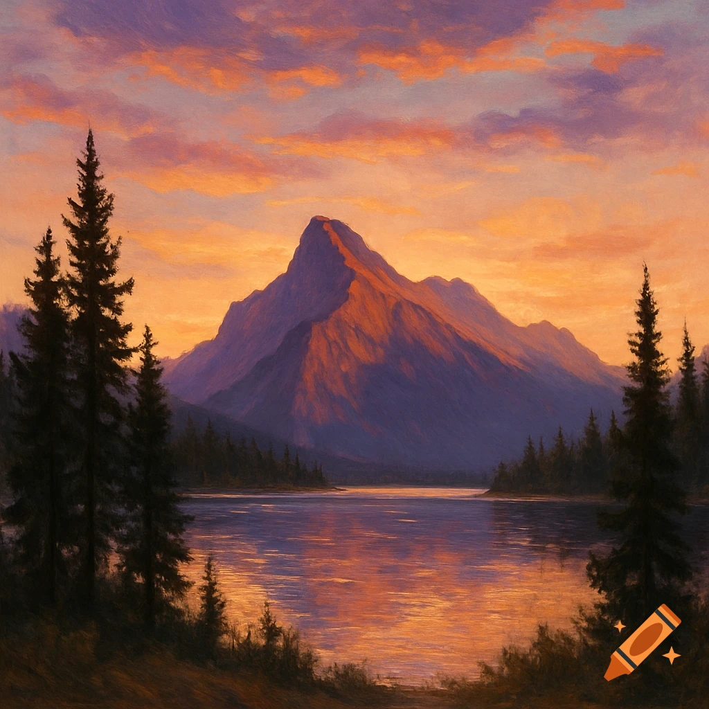 A vibrant painting of a mountain at sunset reflected in a calm lake, framed by dark pine trees.