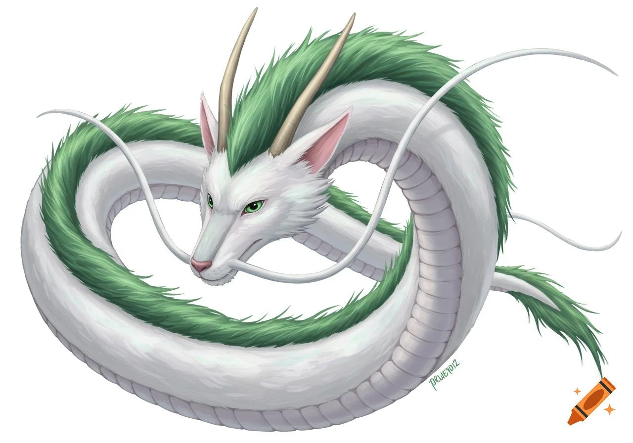 A detailed illustration of Haku, the white dragon with green mane, from Spirited Away, coiled against a white background.