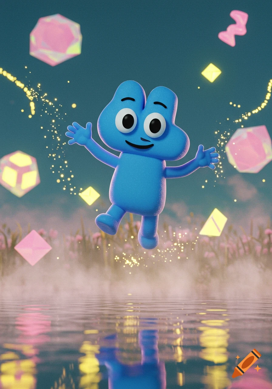 A blue, cartoonish number four character floats above misty water, surrounded by glowing geometric shapes and golden particles in a whimsical 3D render.