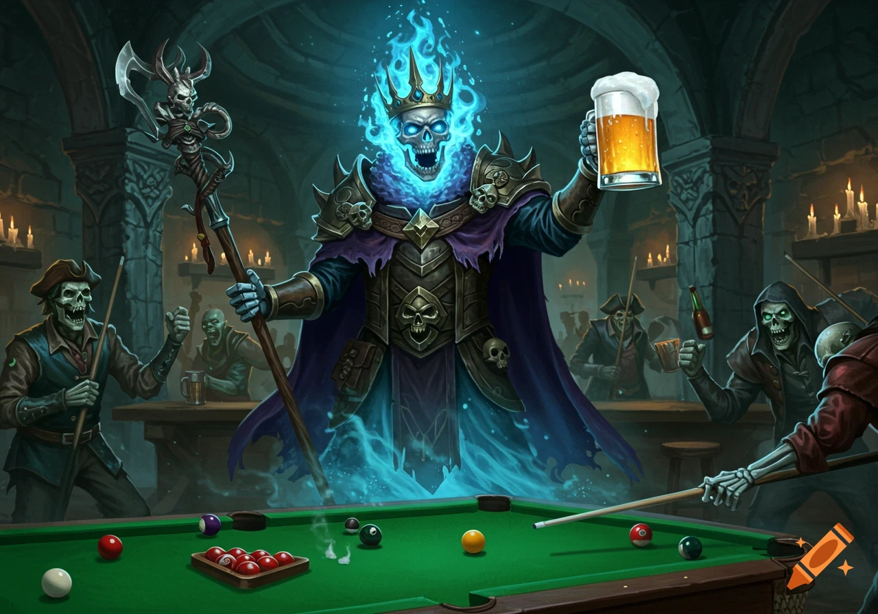 Epic fantasy art of a flaming skeleton king holding a beer mug, overseeing other skeletons playing pool in a crypt-like tavern.