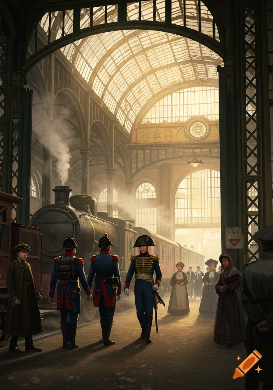 Napoleonic soldiers walk through a grand, sunlit train station with a large locomotive and other passengers.