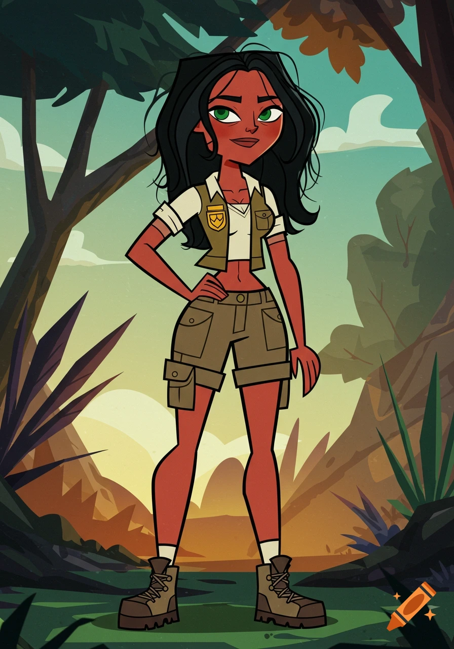 A young woman in the Total Drama Island art style with reddish-brown skin and black hair wears a white cropped camisole, cargo shorts, a tan vest with a gold brooch, and hiking boots, standing in a stylized jungle.