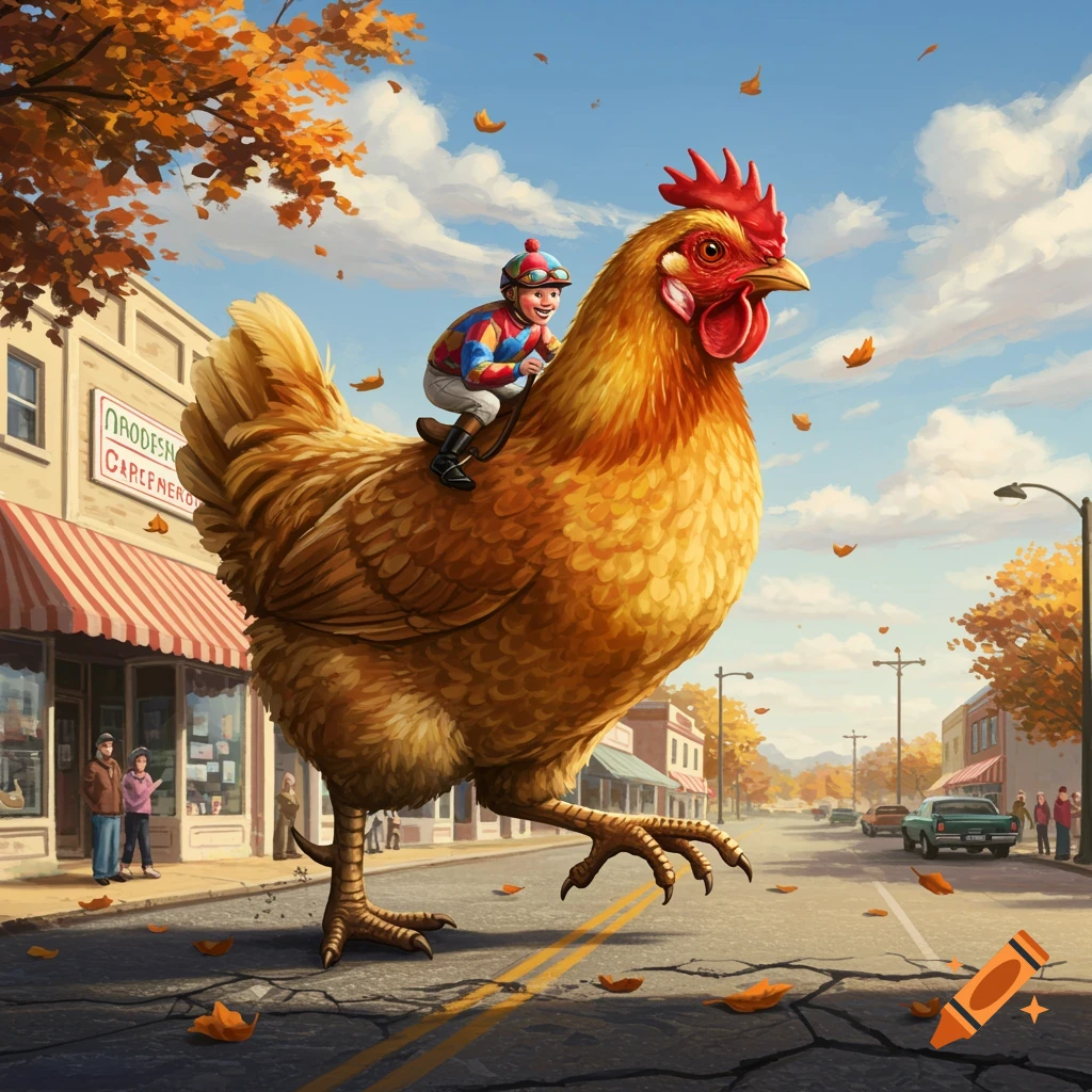 A jockey rides a gigantic chicken down a main street lined with shops and autumn trees. Fallen leaves scatter the cracked asphalt road.