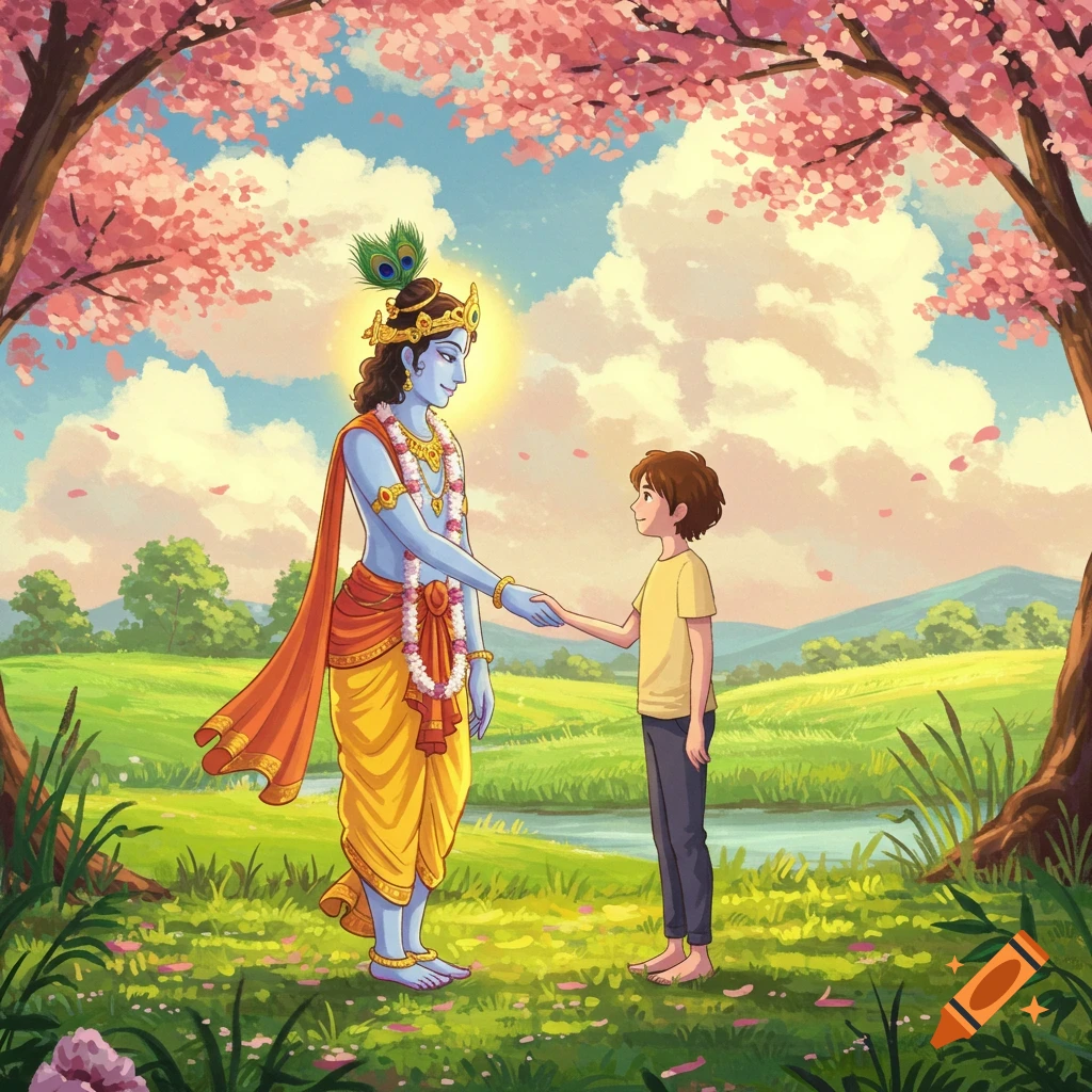 Lord Krishna, with blue skin and crown, shakes hands with a boy in a lush, cherry blossom landscape, Ghibli style.