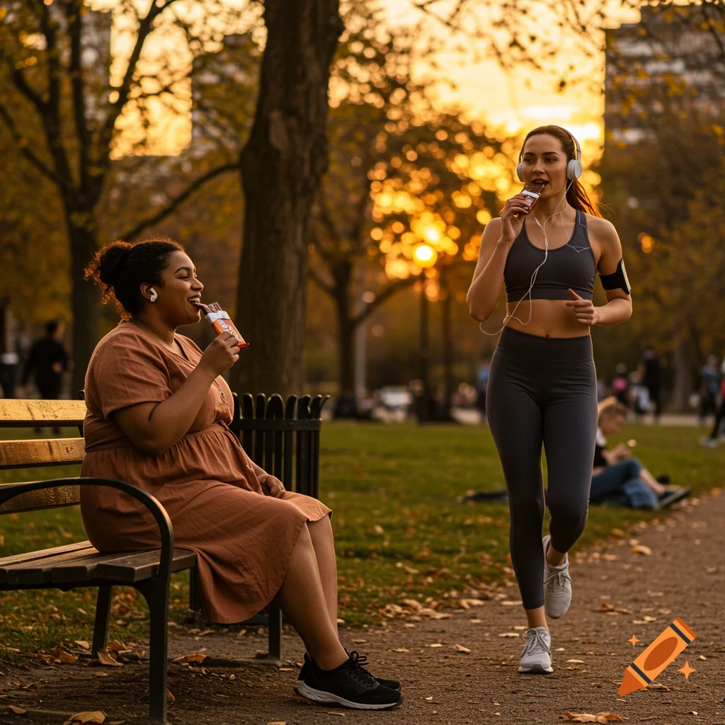Two women in a park at sunset, one sitting on a bench eating a snack bar, the other jogging while eating a snack bar.