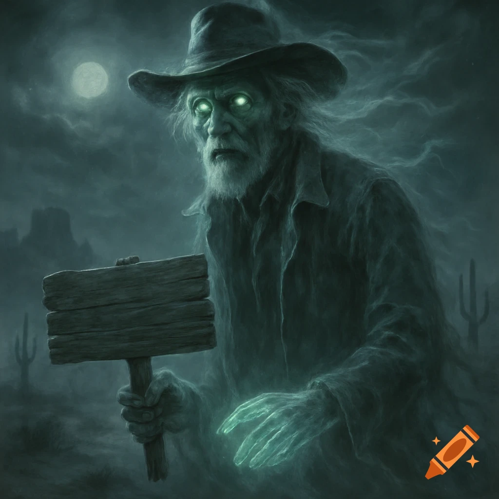 An old prospector ghost with glowing eyes and hands holds a blank sign in a dark, moonlit desert with cacti.