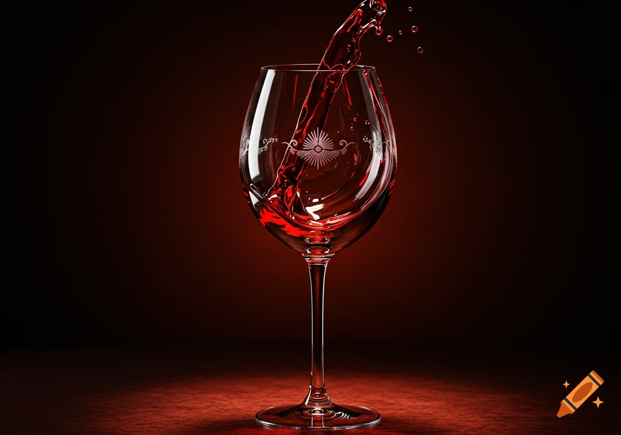 Red wine pours into an ornate glass against a dark, warm background, creating a splash.