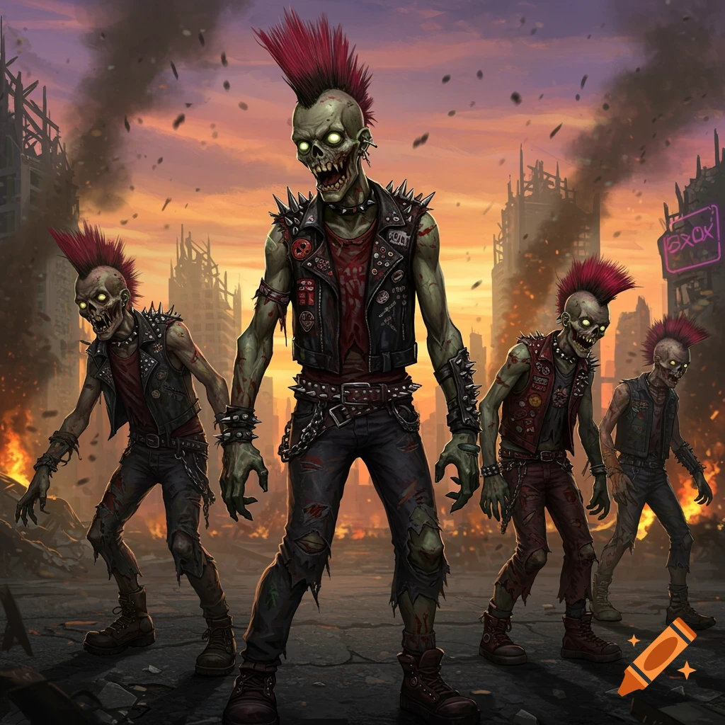 Four punk zombies in studded jackets and mohawks in a destroyed, burning city under an orange sky, stylized art.