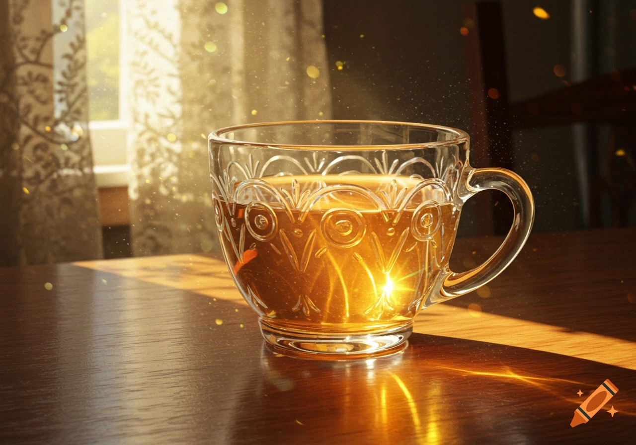 A clear glass cup filled with a golden liquid sits on a wooden table, illuminated by bright sunlight streaming through a window.