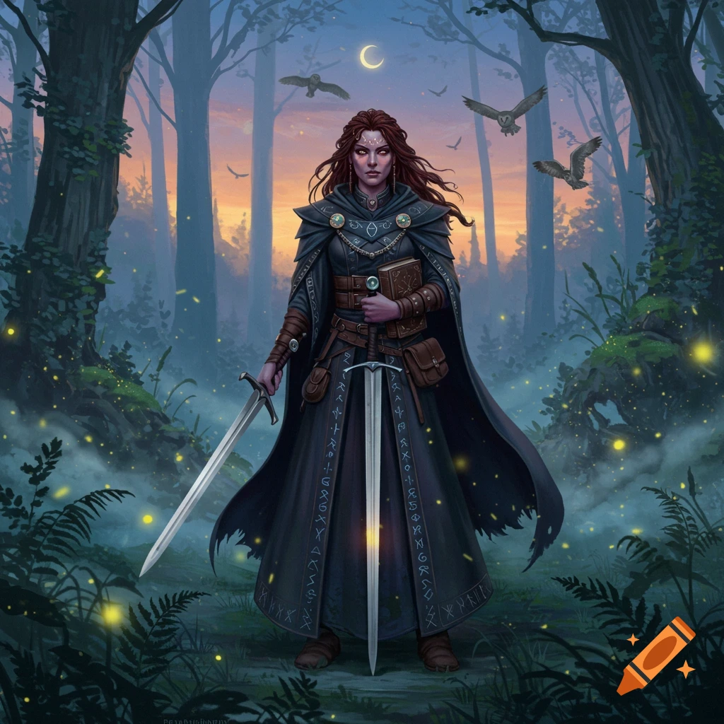 A powerful witch with long red hair and a dark cloak holds two swords and a book in an enchanting forest at dusk, with fireflies and owls around her.