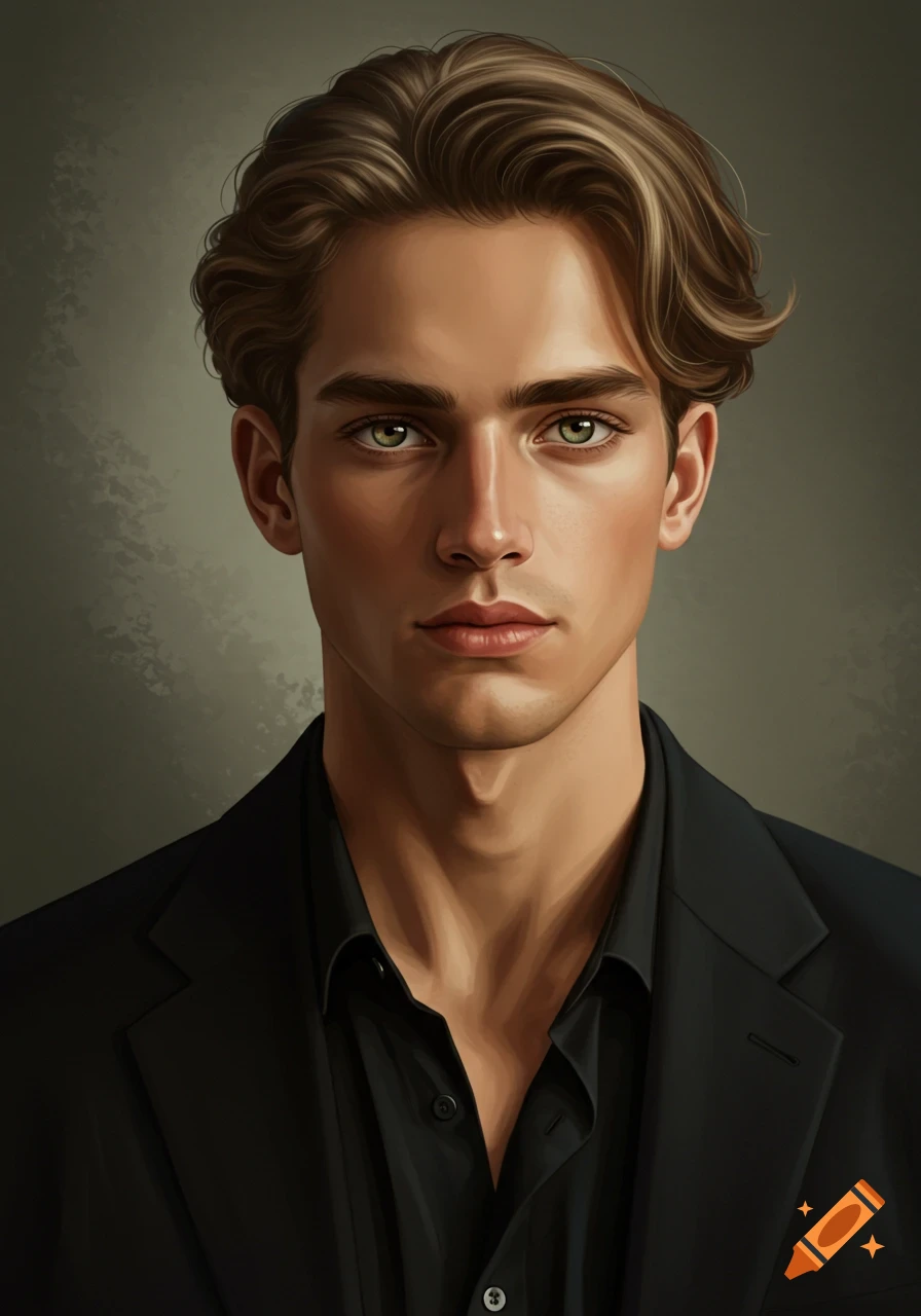Portrait of a young man with brown wavy hair and green eyes, wearing a black shirt and jacket, in a digital painting style.