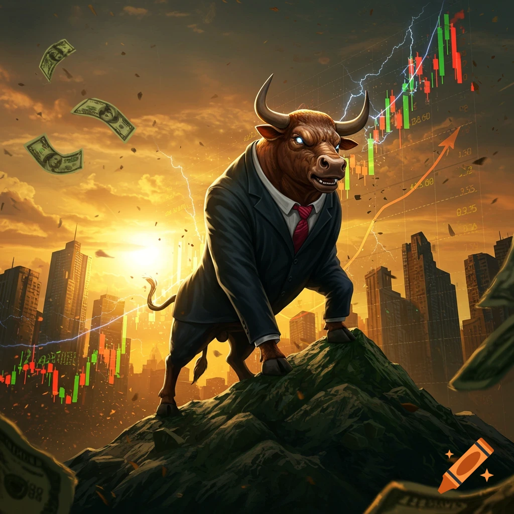 A powerful anthropomorphic bull in a suit stands atop a hill overlooking a city skyline at sunset, with stock charts and money flying around, symbolizing a bull market.