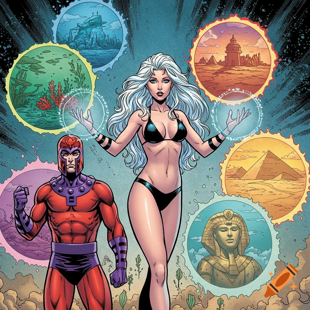 Comic art of a white-haired woman in a black bikini opening glowing portals to different locations, standing next to Magneto.