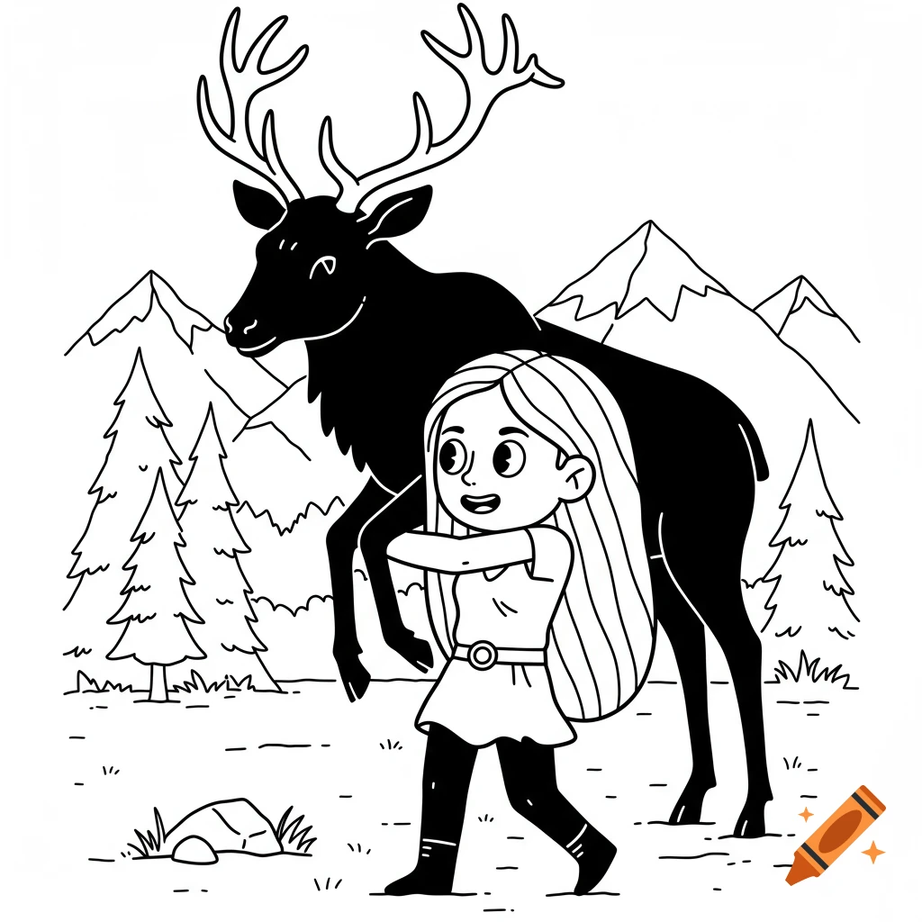 Black and white cartoon of a young girl with long hair standing in front of a large elk in a mountain forest.
