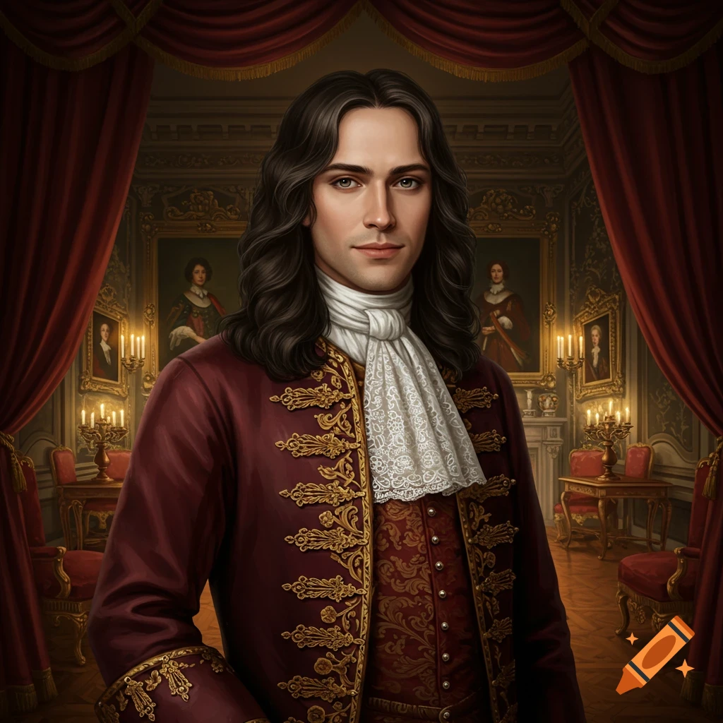 A portrait of a man with long dark hair, wearing a red and gold 17th-century aristocratic coat, standing in a grand room.