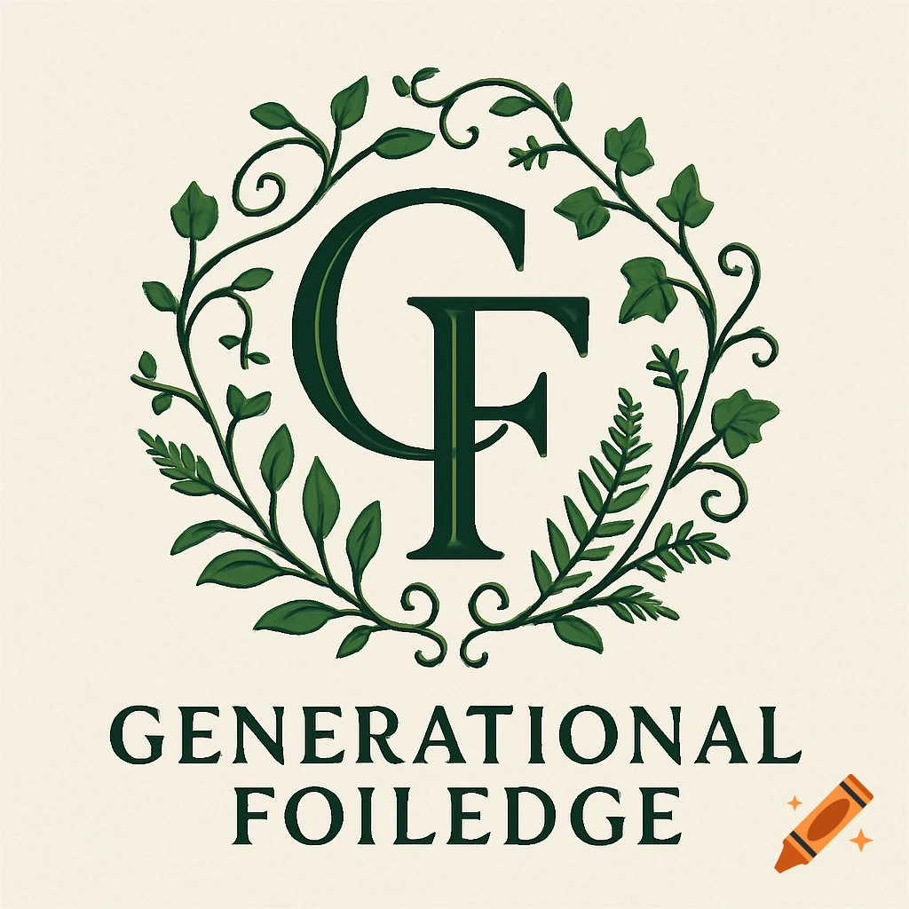 An elegant logo with dark green 'GF' initials surrounded by green foliage, with 'GENERATIONAL FOILEDGE' text below.
