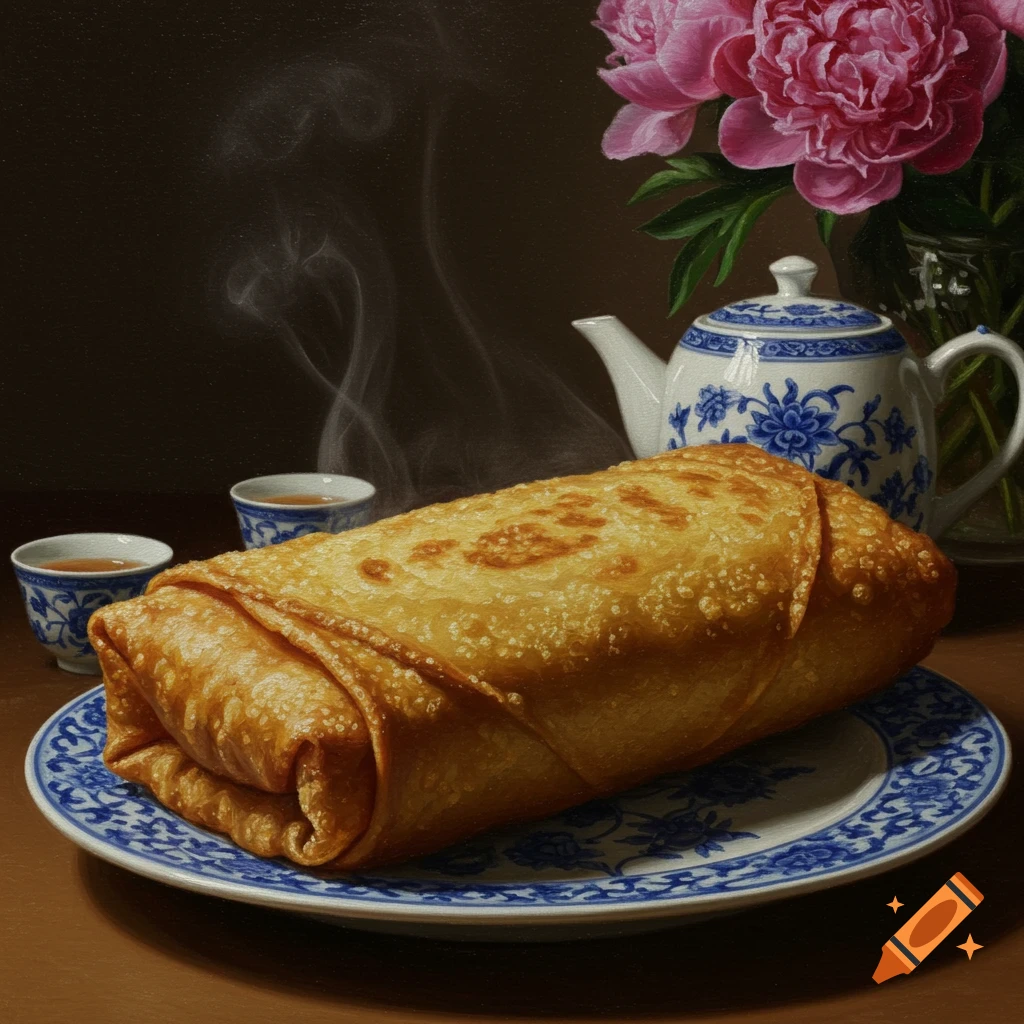 A large, crispy golden egg roll rests on a blue and white patterned plate, with two steaming teacups and a teapot behind it. Pink peonies are visible in the background, all rendered in a photorealistic style.