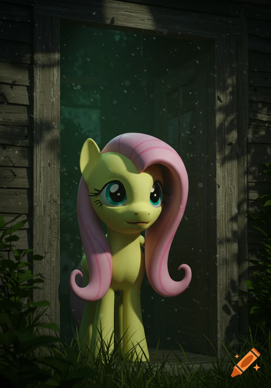 Fluttershy, a yellow pony with pink hair, looks from a dark doorway, appearing in grainy CCTV footage.
