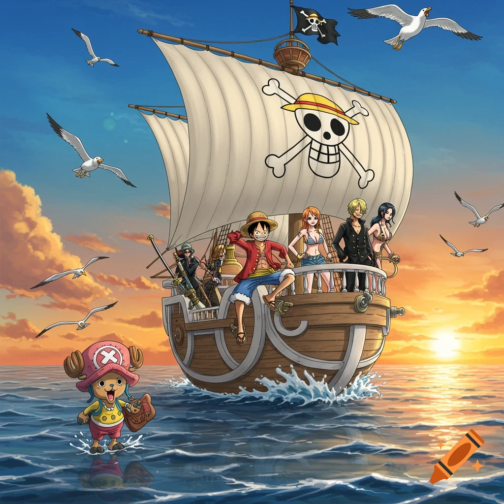 The Straw Hat Pirates sail on the Thousand Sunny at sunset, with Chopper in the water and seagulls flying. Anime illustration.