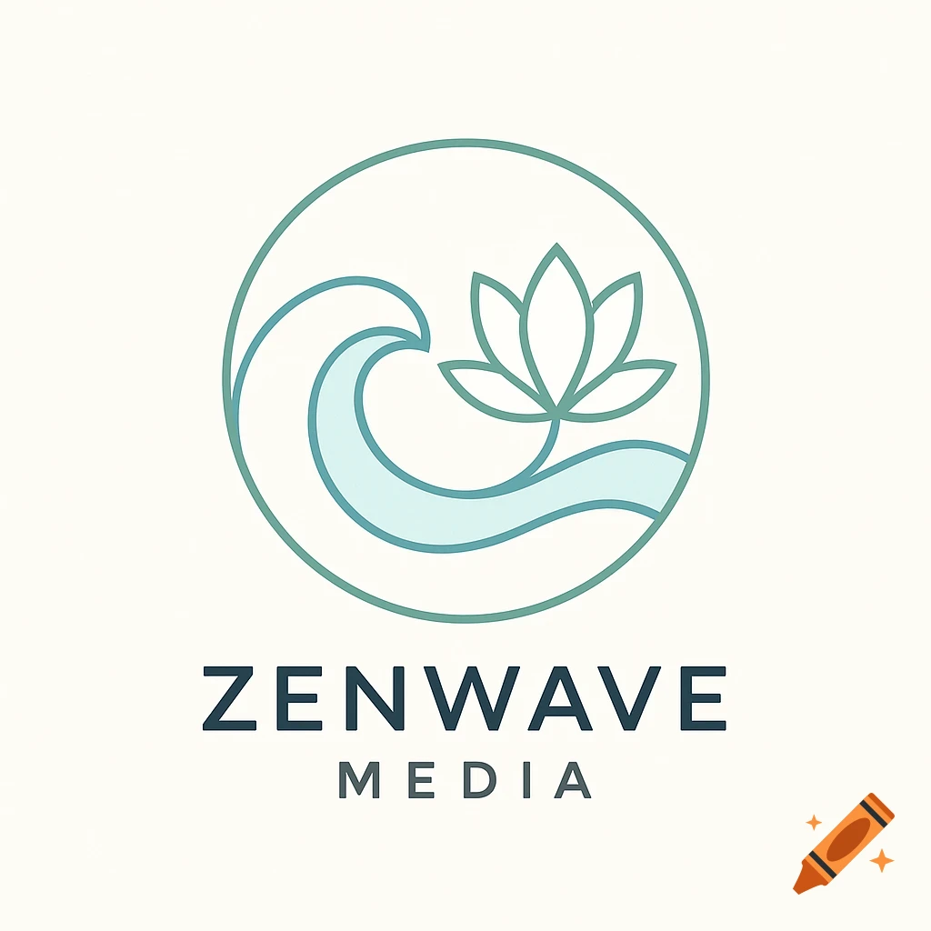Minimalist logo with a teal circle encompassing a light blue wave and a green lotus blossom, with 'ZENWAVE MEDIA' text below.