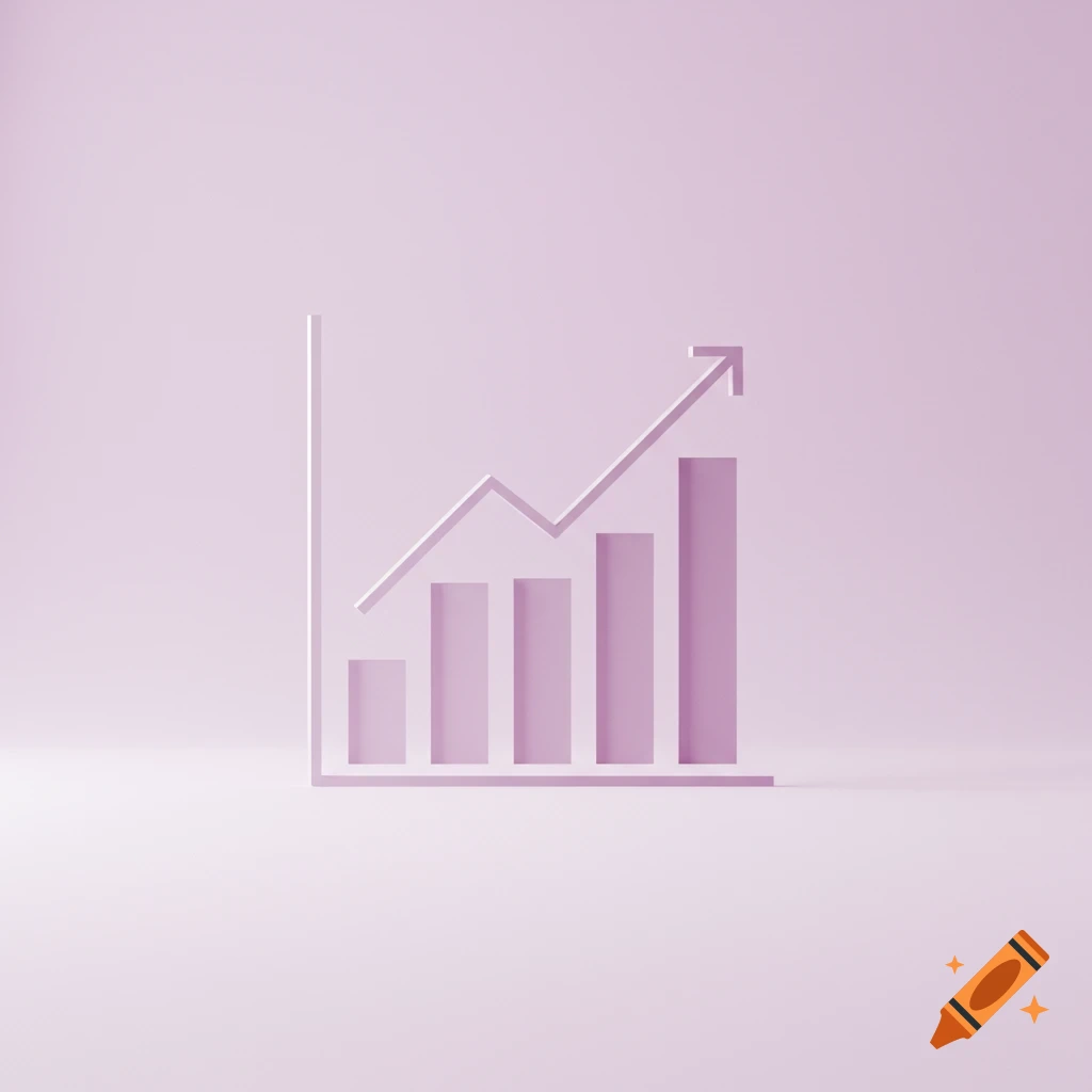 A minimalist 3D bar graph with an upward trend line on a light lavender background, indicating growth.