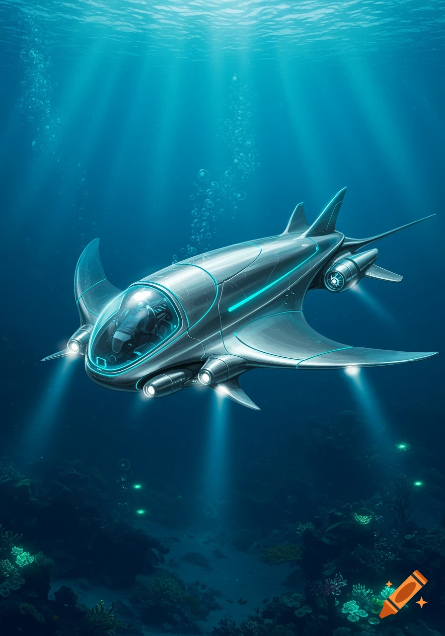 A futuristic silver submarine with glowing blue accents descends into a sunlit blue ocean over a coral reef, digital art.