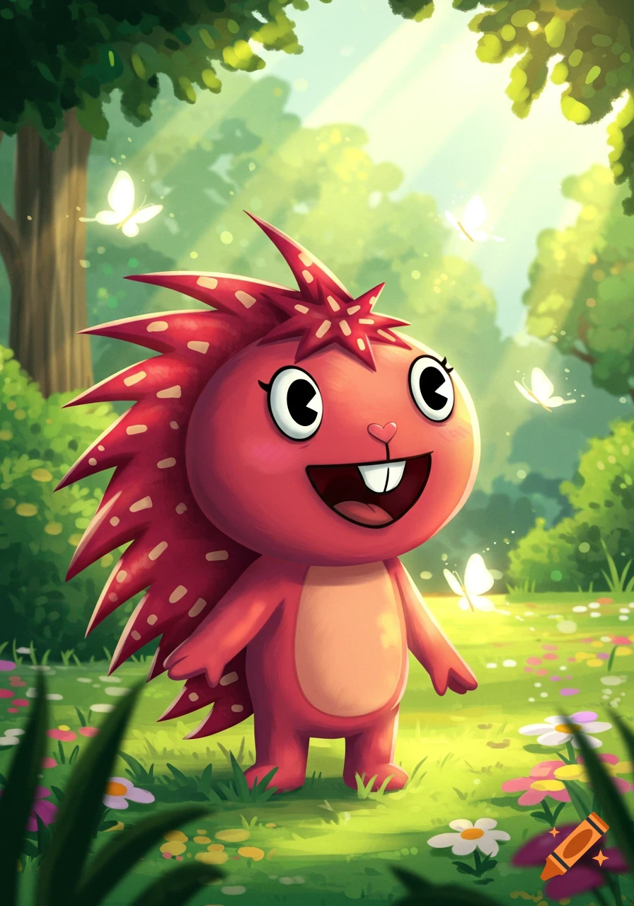 A cute, happy red cartoon porcupine-like character with spikes stands in a vibrant green forest, surrounded by flowers and butterflies.