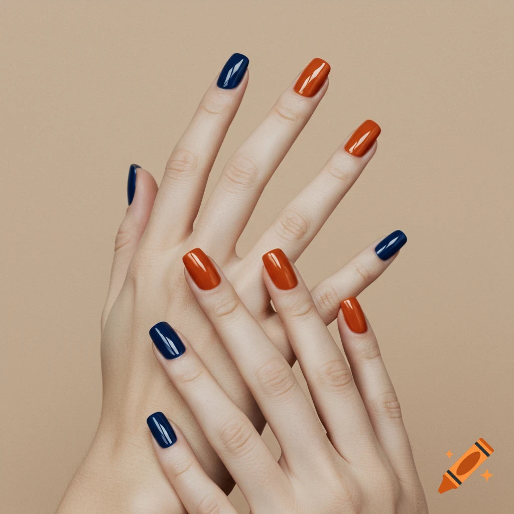 Close-up of two hands with fingers intertwined, showcasing square-shaped nails painted in alternating navy blue and burnt orange polish on a plain beige background.