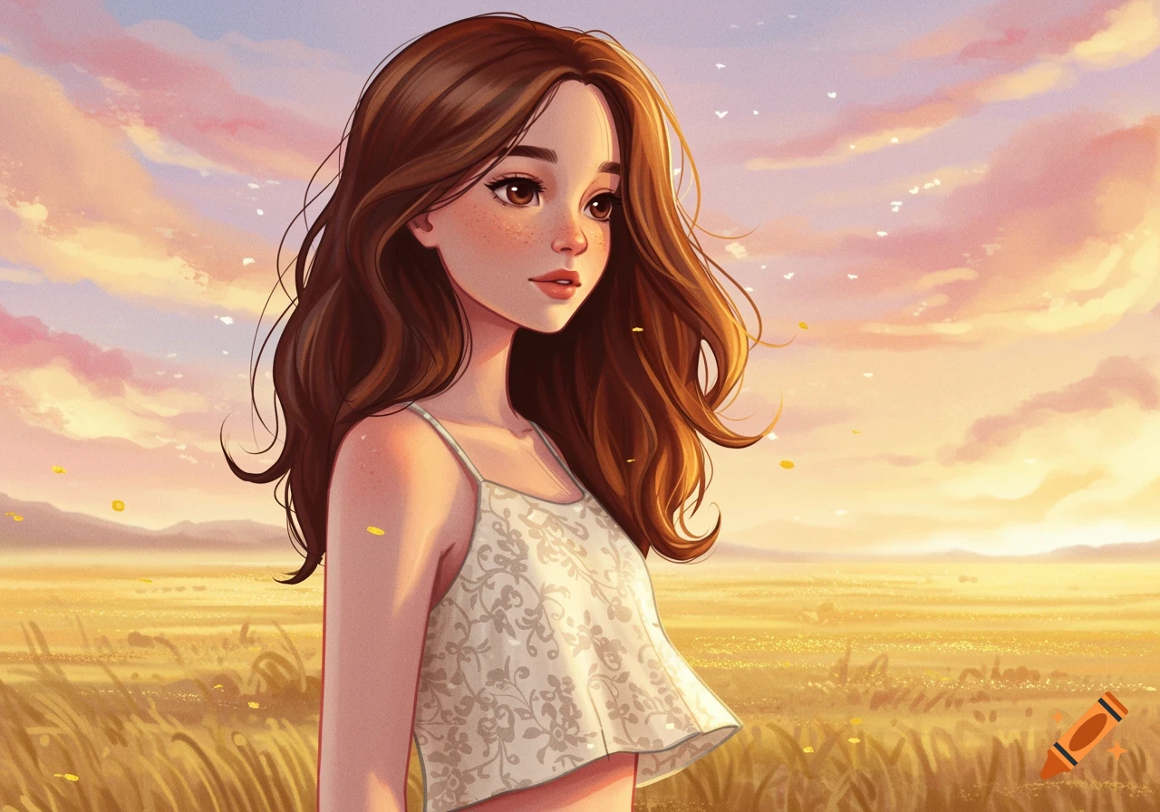 A digital art portrait of a girl with long brown hair and a white crop top, standing in a golden field under a pastel sunset sky.