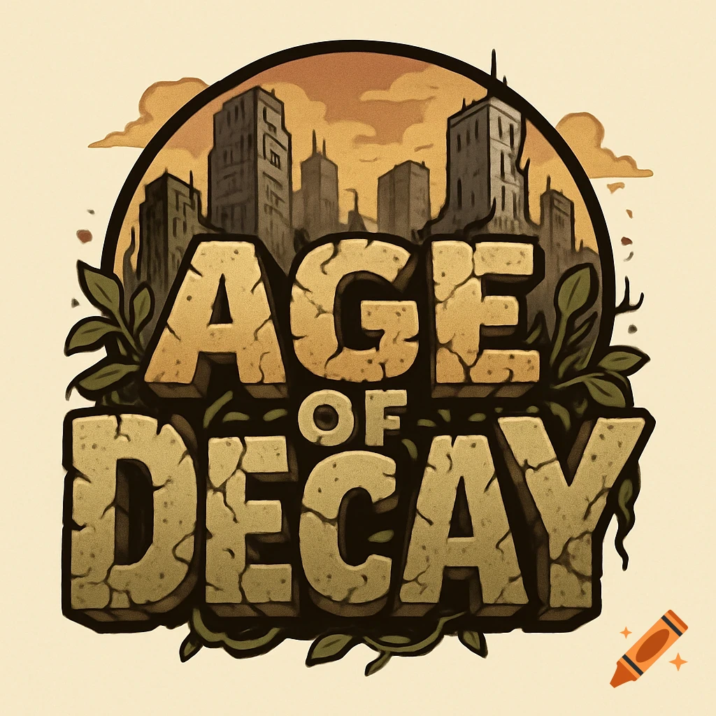 Cartoon logo with cracked text 'AGE OF DECAY' over a ruined cityscape silhouette under an orange sky.