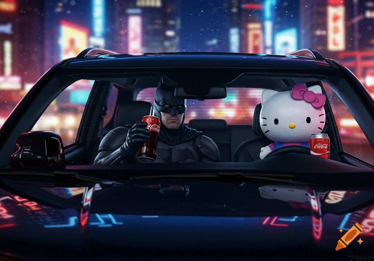 Batman drives a car at night, holding a Coca-Cola can, with Hello Kitty in the passenger seat also with a Coca-Cola can.