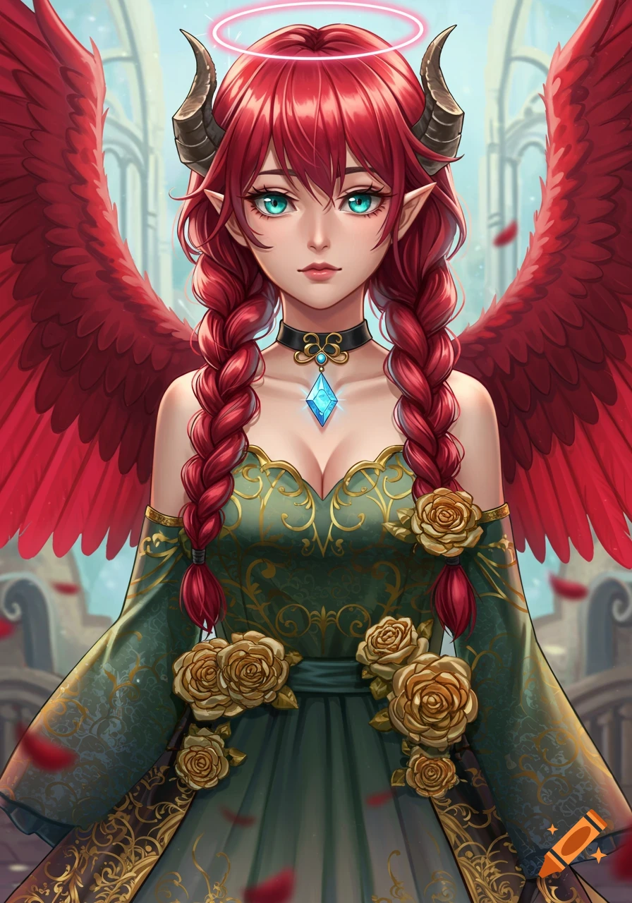Anime style portrait of a red-haired fantasy girl with horns, red wings, and a halo, wearing a green and gold dress.