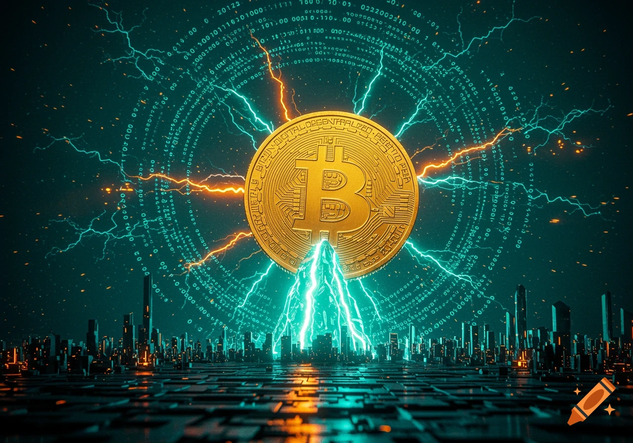 A golden Bitcoin coin floats above a futuristic cityscape, surrounded by teal and orange lightning bolts and digital code patterns against a dark background.