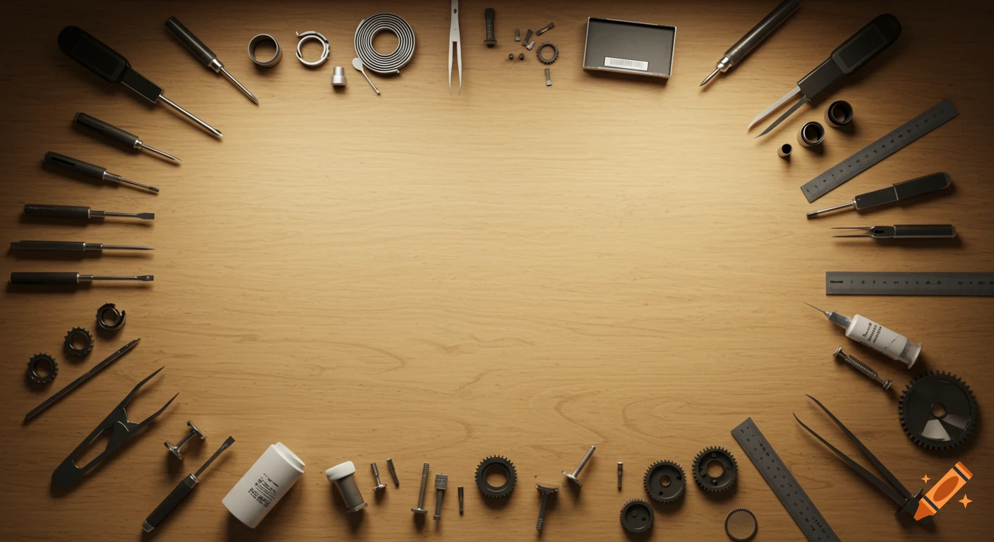Top-down view of computer repair tools like screwdrivers, rulers, and gears arranged on a light wooden workbench.