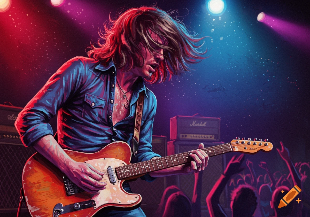 A long-haired rock guitarist plays a guitar on stage under red and blue lights, stylized art.