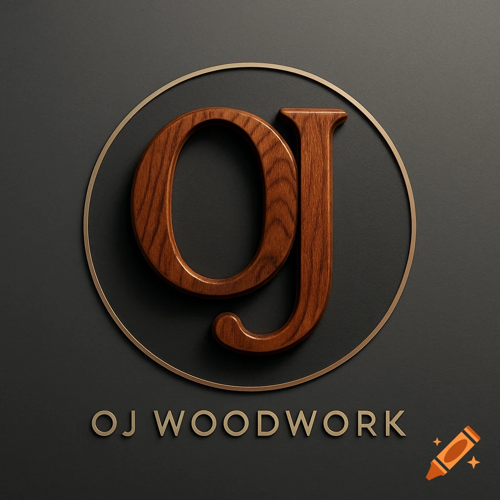 A sophisticated logo featuring a wooden 'oj' initial inside a gold circle, with 'OJ WOODWORK' text below, all on a dark gray background.