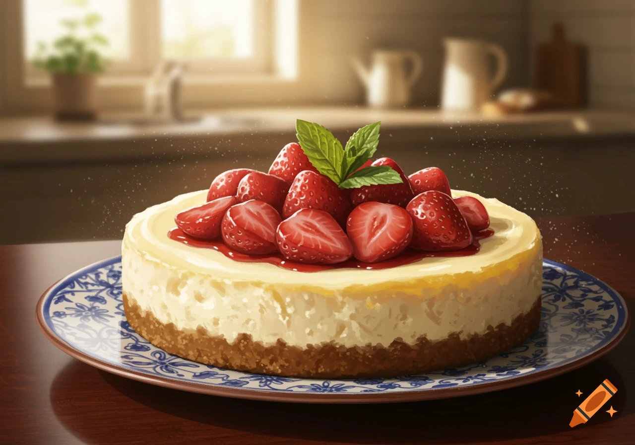 A delicious-looking cheesecake topped with fresh strawberries and mint leaves on a decorative blue and white plate in a kitchen.