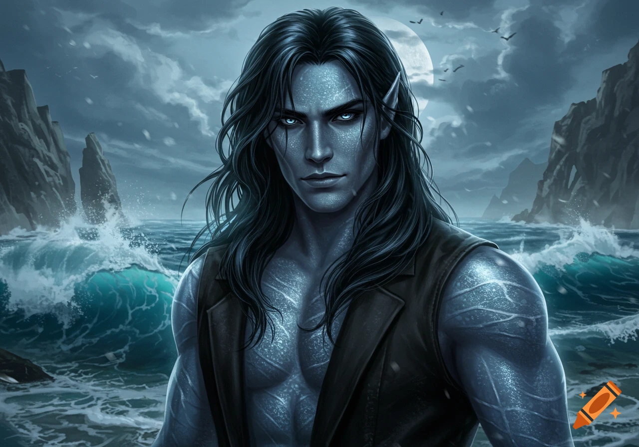 A blue-skinned male fantasy character with long dark hair, pointy ears, and glowing blue eyes stands in a stormy ocean with cliffs.
