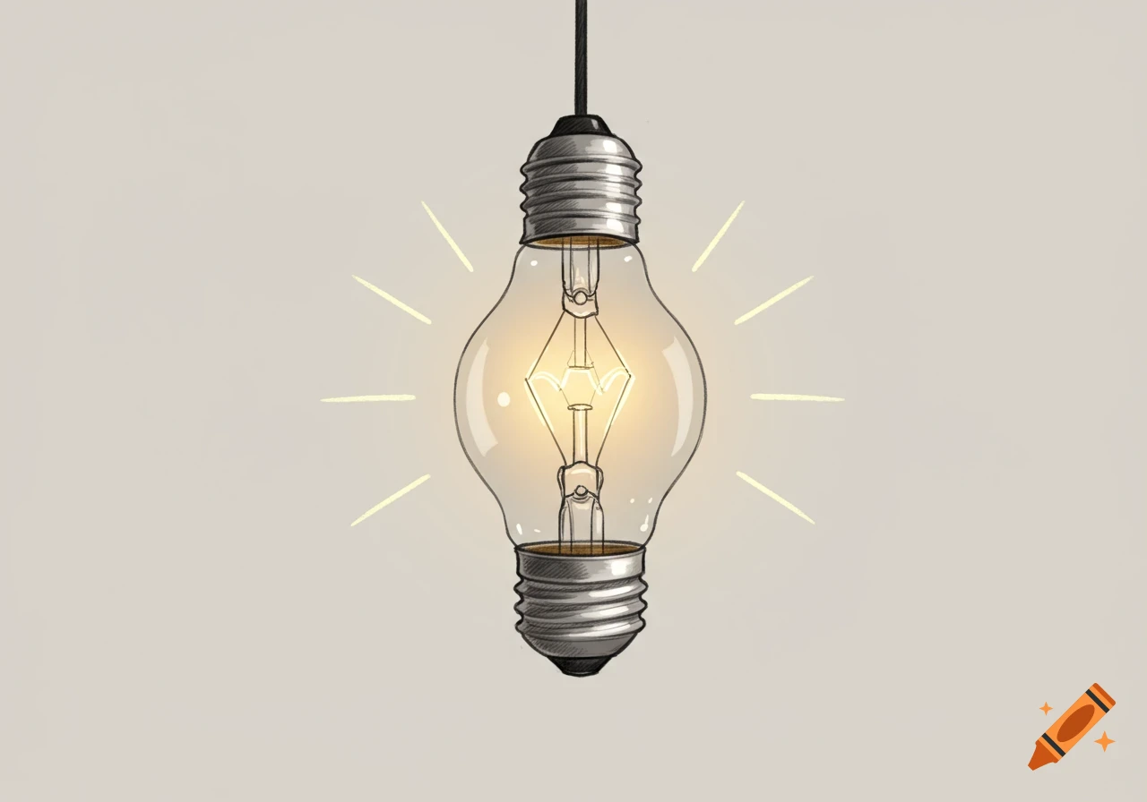 A simple drawing of a lightbulb hanging from a black cord, glowing with yellow light and radiating light rays on a light background.