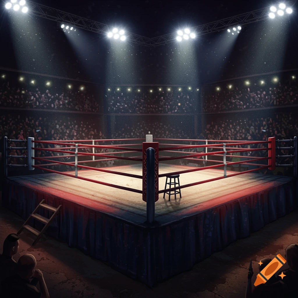 An empty boxing ring illuminated by bright spotlights in a large, dark arena filled with spectators.