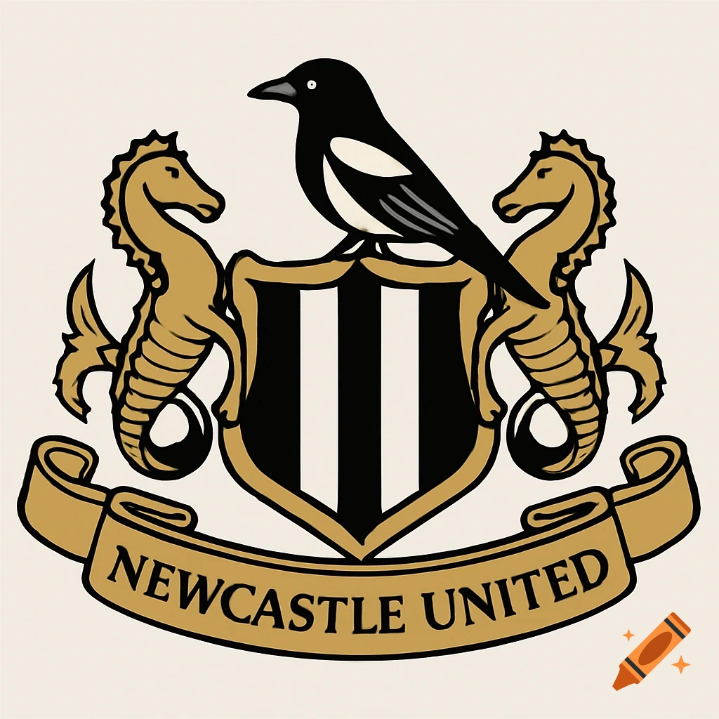 Newcastle United football club crest: black and white magpie, golden seahorses, striped shield, and 'NEWCASTLE UNITED' banner.