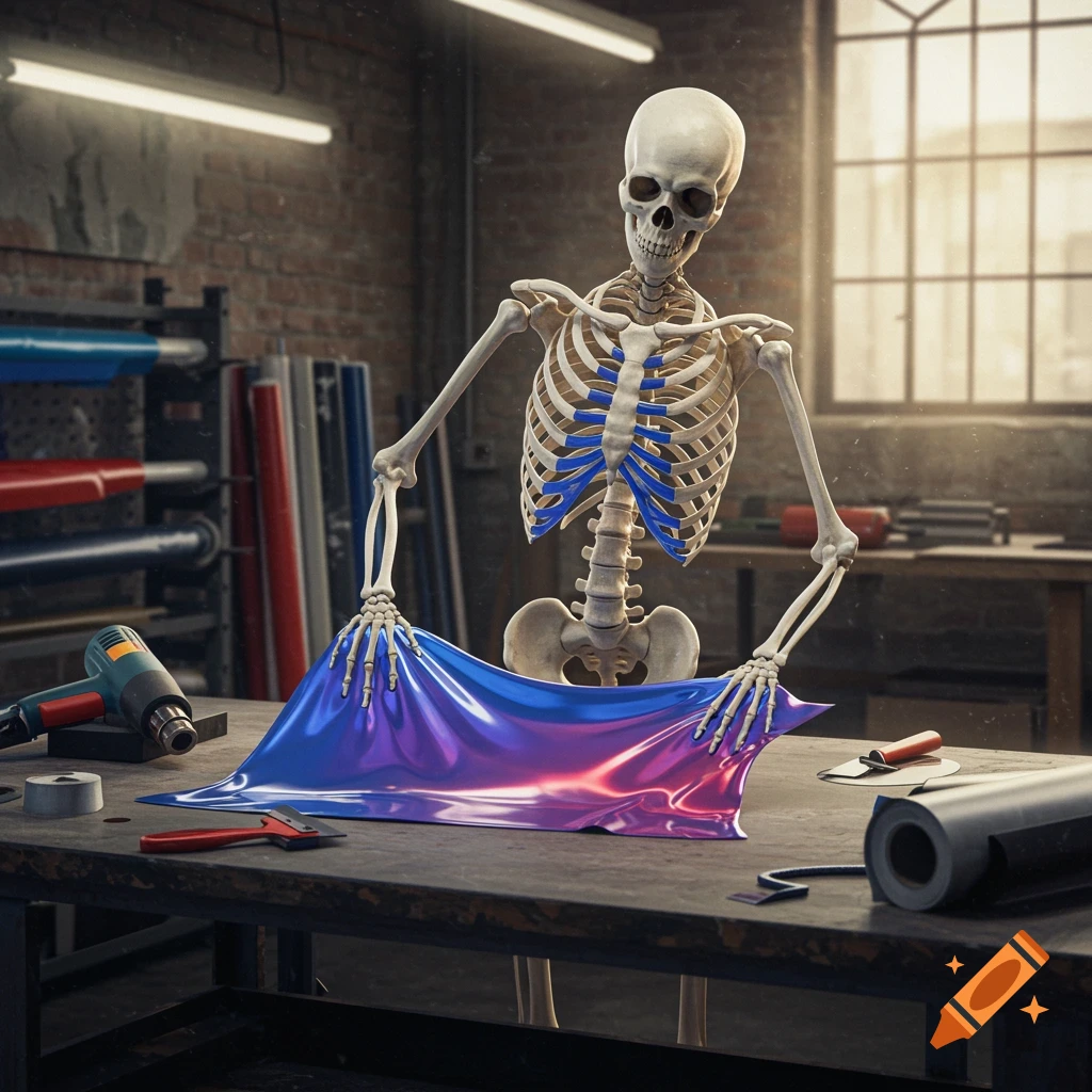 A photorealistic skeleton in a workshop holding a shimmering purple and blue vinyl sheet with tools nearby.