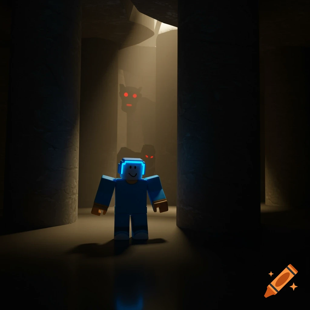 A Roblox-style avatar with glowing blue headphones stands in a dark maze with shadowy, red-eyed monsters in the background.