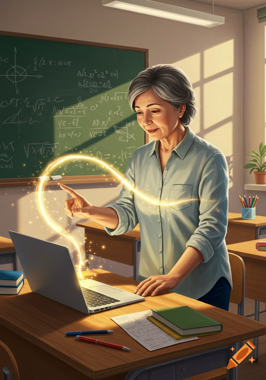 A teacher in a classroom points at a laptop, from which a golden magical light emanates. Equations are on the blackboard.