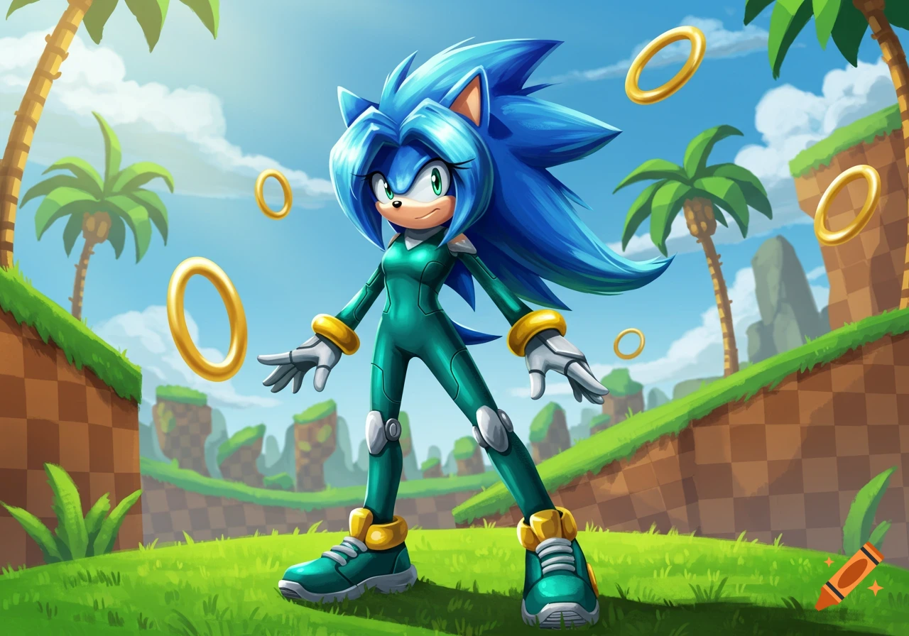 A female Sonic-like character with blue quills and a teal suit stands in a green hilly landscape with golden rings and palm trees.