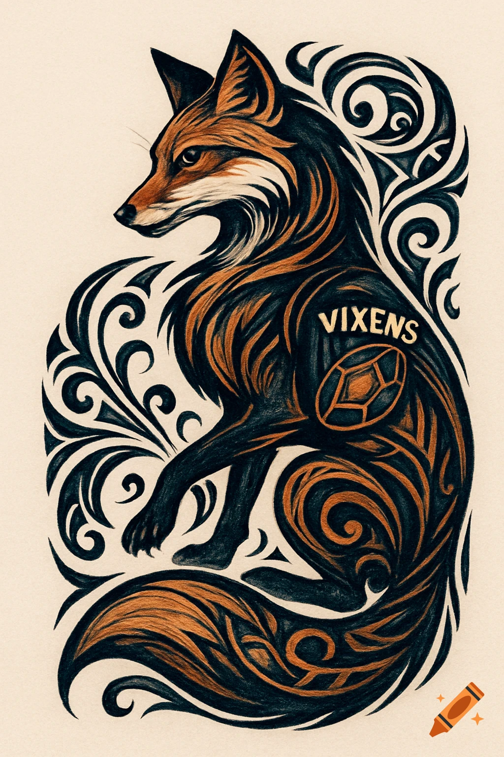 A stylized fox rendered in black and orange tribal patterns, with the word 'VIXENS' written on its side. It has a tattoo-like aesthetic.