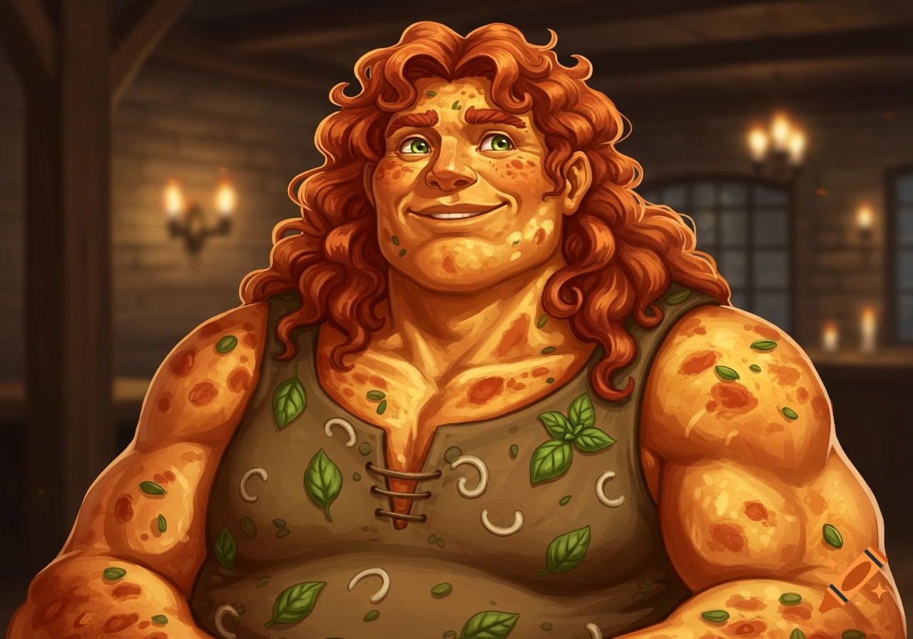A smiling, muscular man with red curly hair and pizza-textured skin, wearing a shirt with basil leaves and onion rings, in a tavern, fantasy art style.